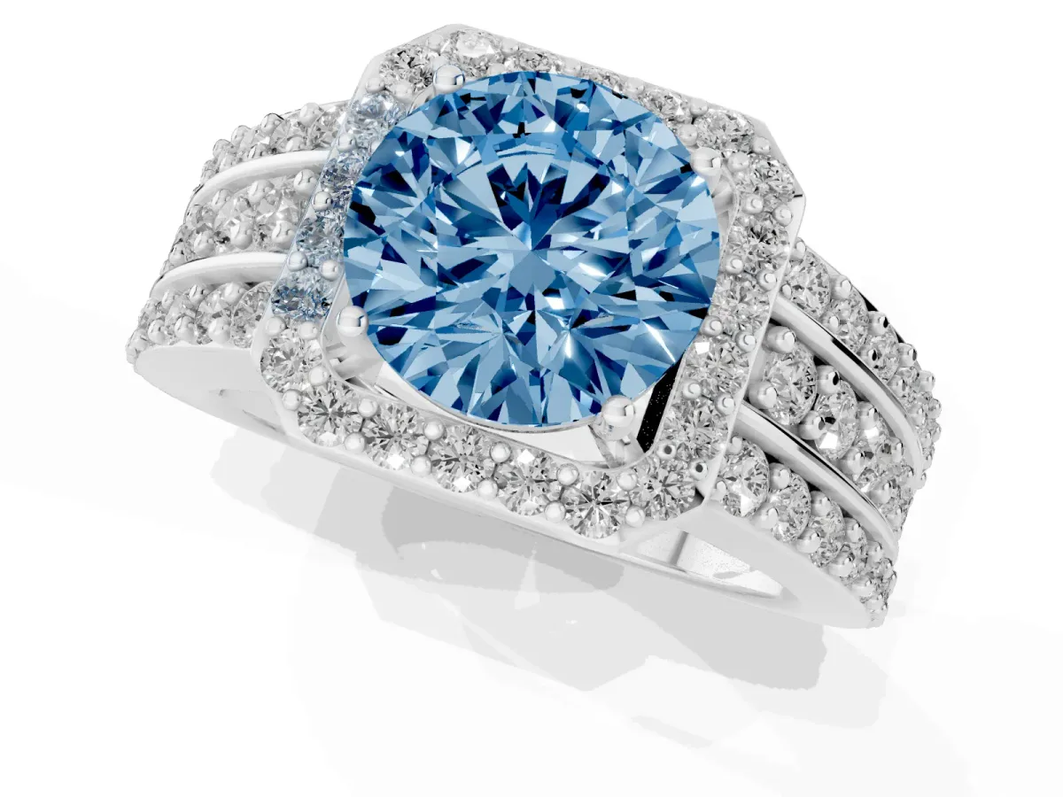 Fancy Blue Round Cut Halo Diamond Ring with Round Split Shank and Prong Setting Platinum