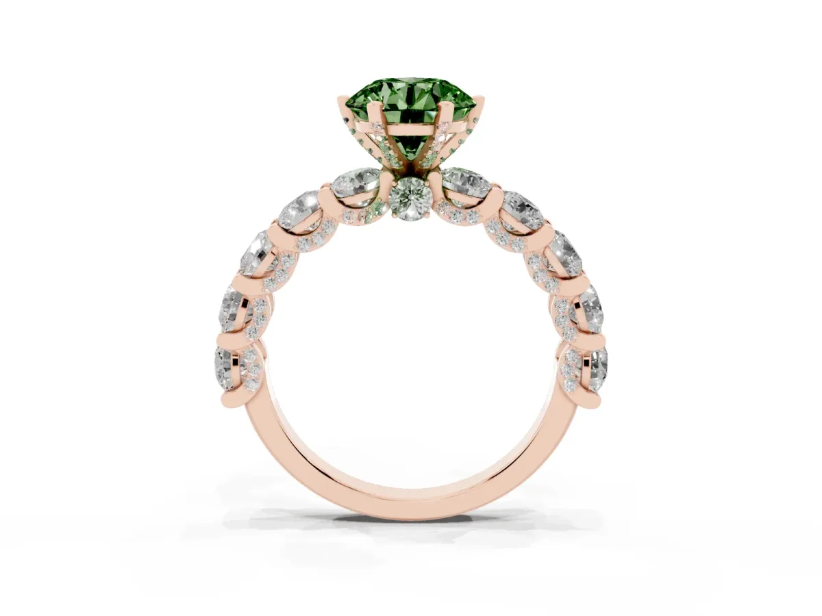 Fancy Green Round Cut Diamond Side Stone Engagement Ring with Four-Prong Setting Rose gold