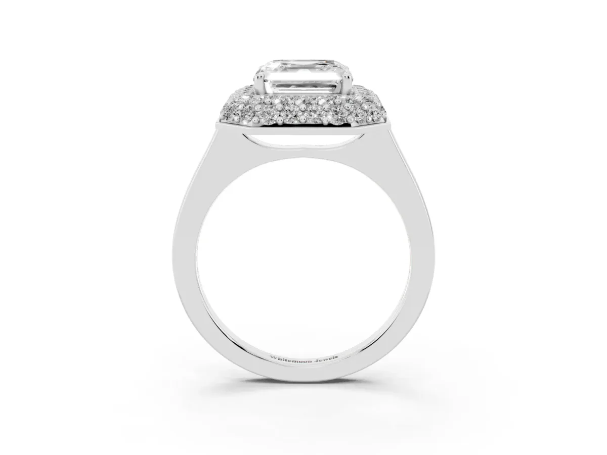 Asscher Cut Halo Diamond Engagement Ring with Solitaire Band and Four-Prong Setting Silver