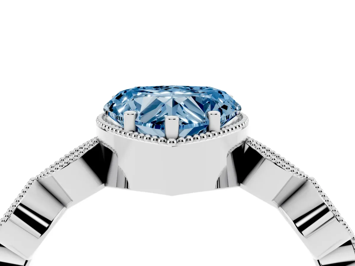 Fancy Blue Heart Cut Diamond Vintage Milgrain Ring with Round Stations Silver