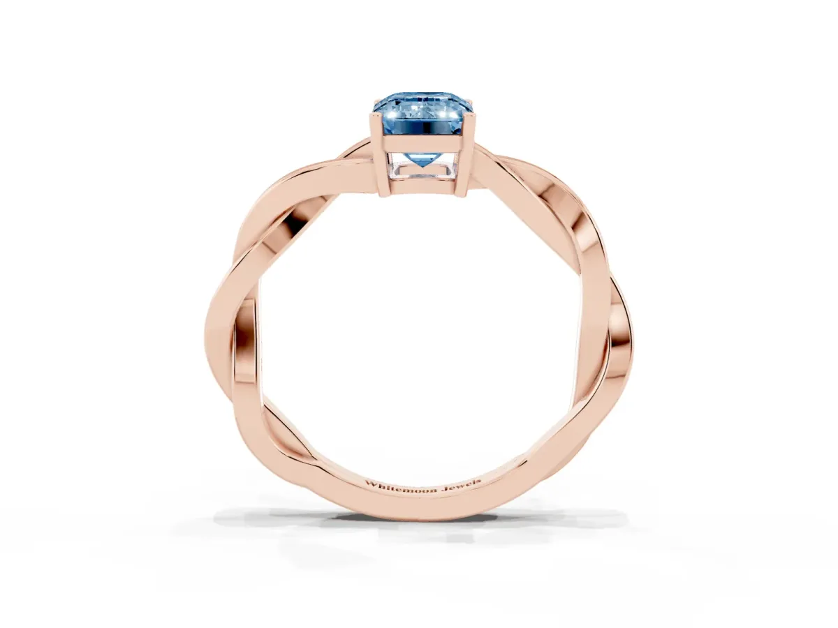Fancy Blue Emerald Cut Solitaire Twisted Pave Diamond Ring with Four-Prong Setting Rose gold