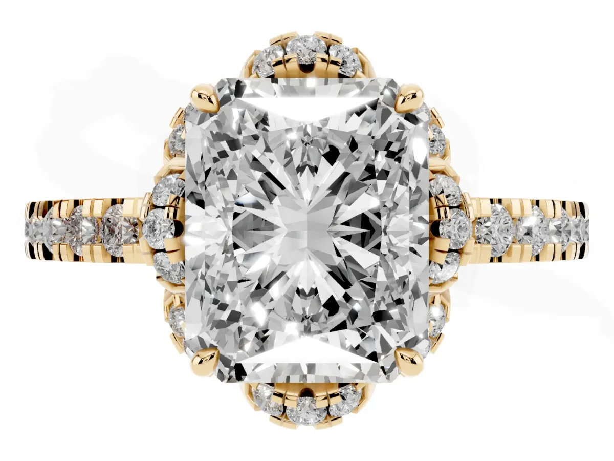 Radiant Cut Diamond Halo Pave Band with Four-Prong Setting Yellow gold