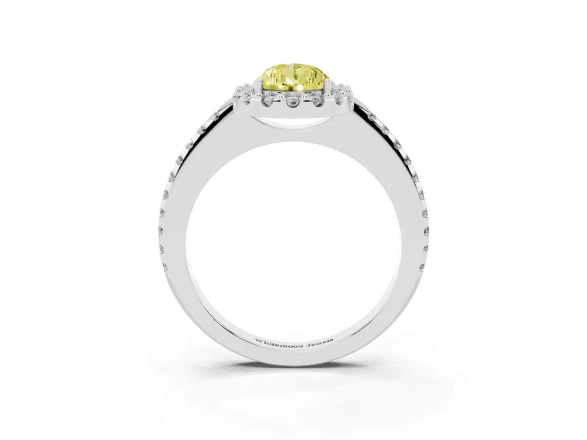 Fancy Yellow Pear Cut Diamond Pavé Halo Ring with Four-Prong Setting Silver