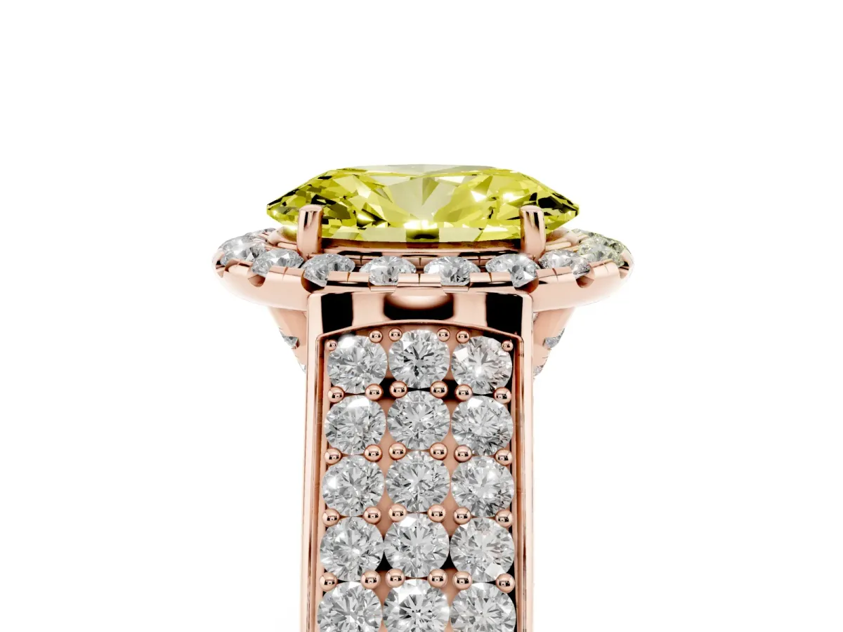 Fancy Yellow Oval Cut Halo Round Diamond Pave Band with Prong Setting Rose gold