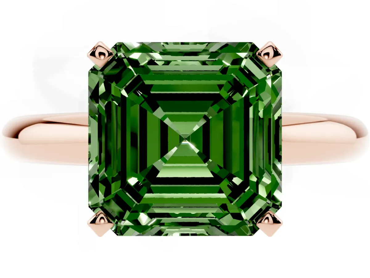 Fancy Green Asscher Cut Diamond Solitaire Engagement Ring with Round Band and Four-Prong Setting Rose gold