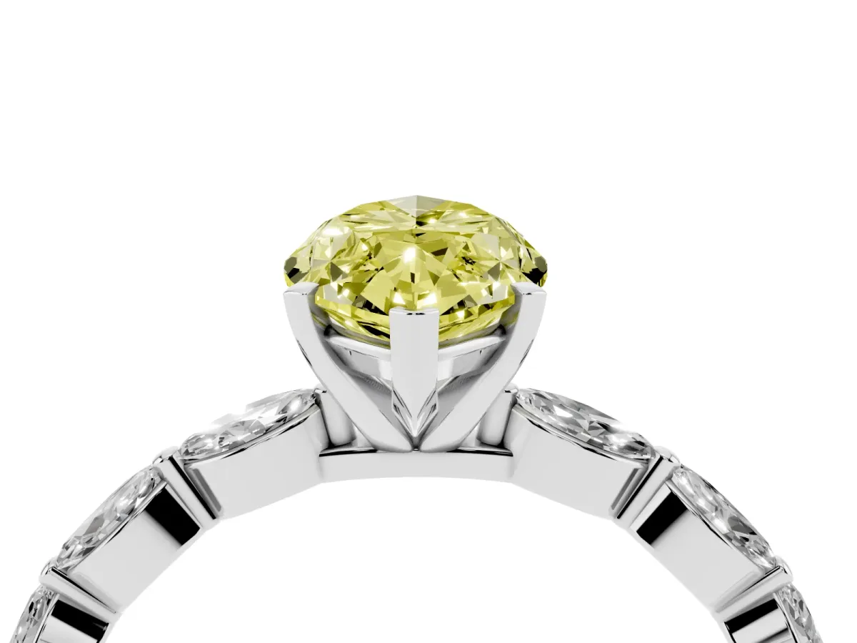 Fancy Yellow Marquise Cut Diamond Ring with Marquise Side Stones and Prong Setting Platinum
