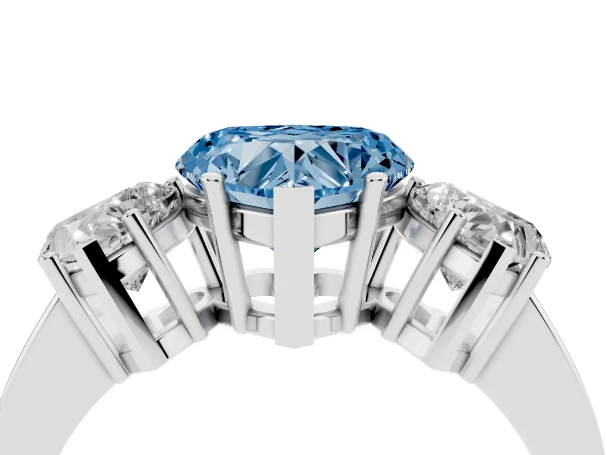 Fancy Blue Three-Stone Heart Cut Cut Diamond Engagement Ring with Flat Band and Four-Prong Setting Silver