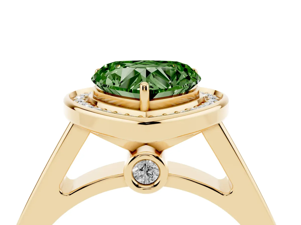 Fancy Green Heart Cut Halo Solitaire Diamond Ring with Pave Band and Bezel Setting Yellow gold