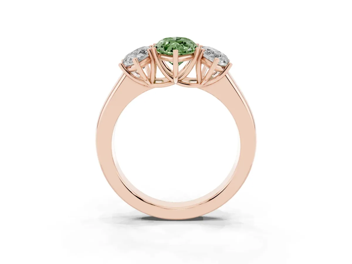 Fancy Green Three-Stone Marquise Cut Cut Diamond Ring with Prong Setting and Classic Band Rose gold