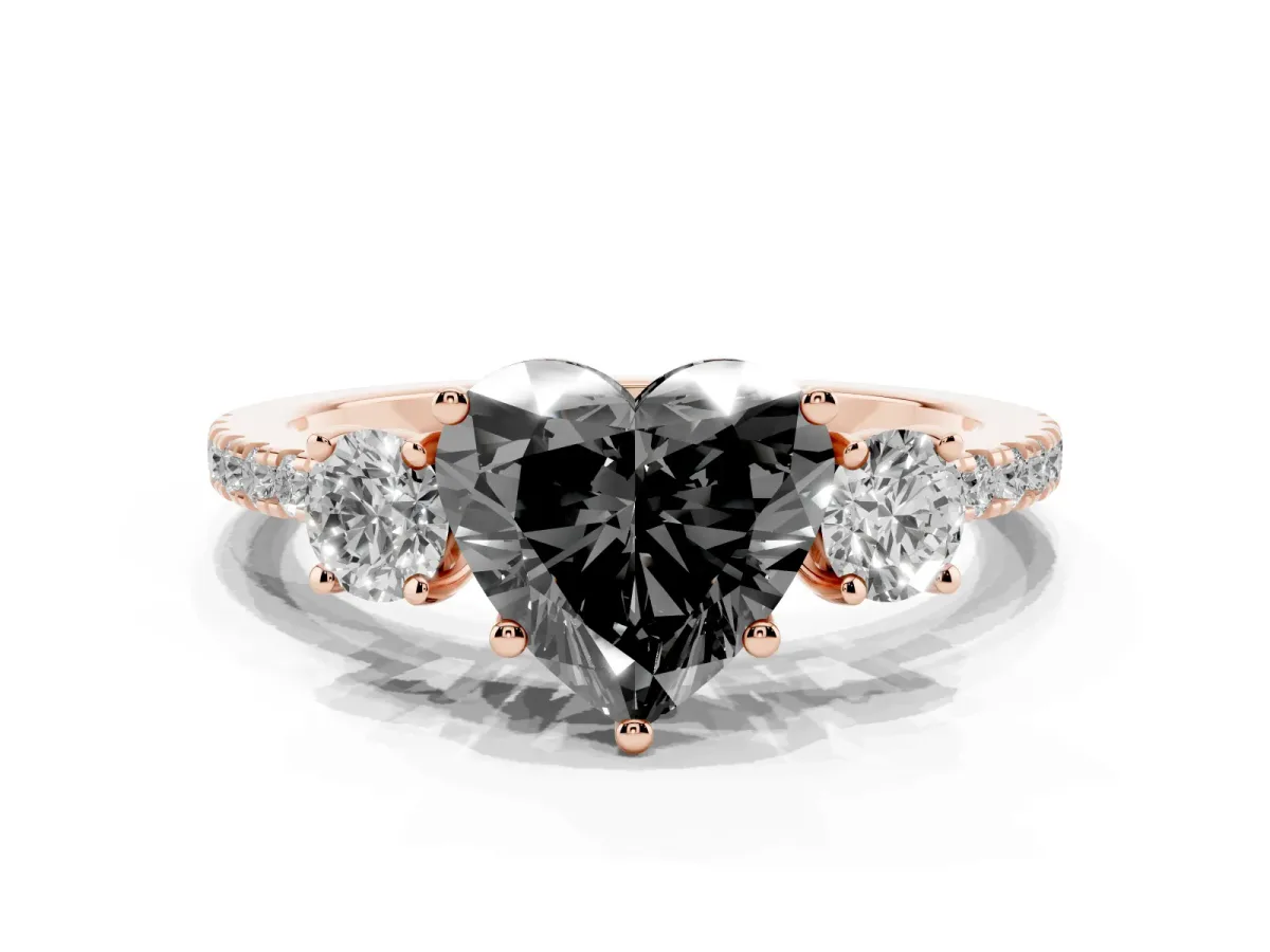 Fancy Black Three-Stone Heart Cut Cut Diamond Pavé Band with Prong Setting Rose gold