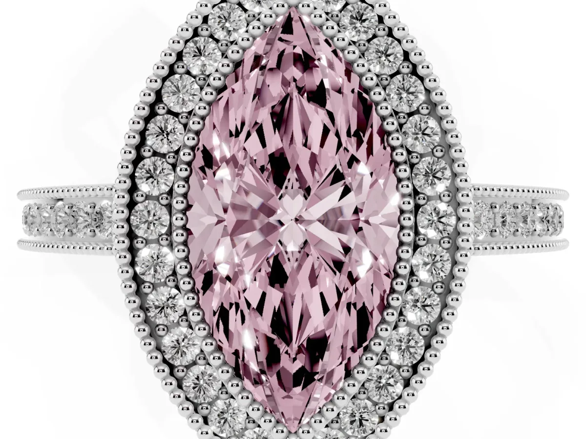 Fancy Pink Marquise Cut Cut Halo Diamond Ring with Pavé Band and Milgrain Prong Setting Silver