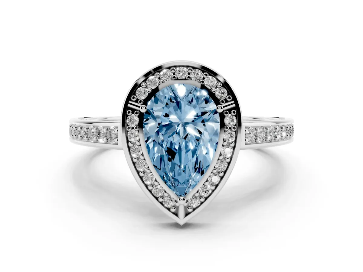 Fancy Blue Pear Cut Cut Halo Pave Split Shank Prong Setting Ring Platinum