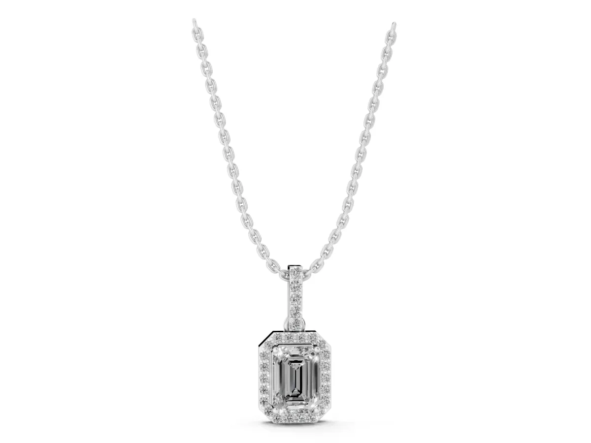 Emerald Cut Halo Diamond Pendant with Prong Setting White gold