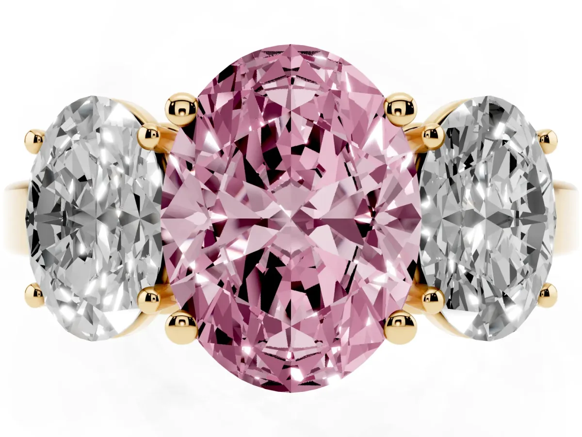 Fancy Pink Three-Stone Oval Cut Cut Diamond Engagement Ring with Flat Band and Four-Prong Setting Yellow gold