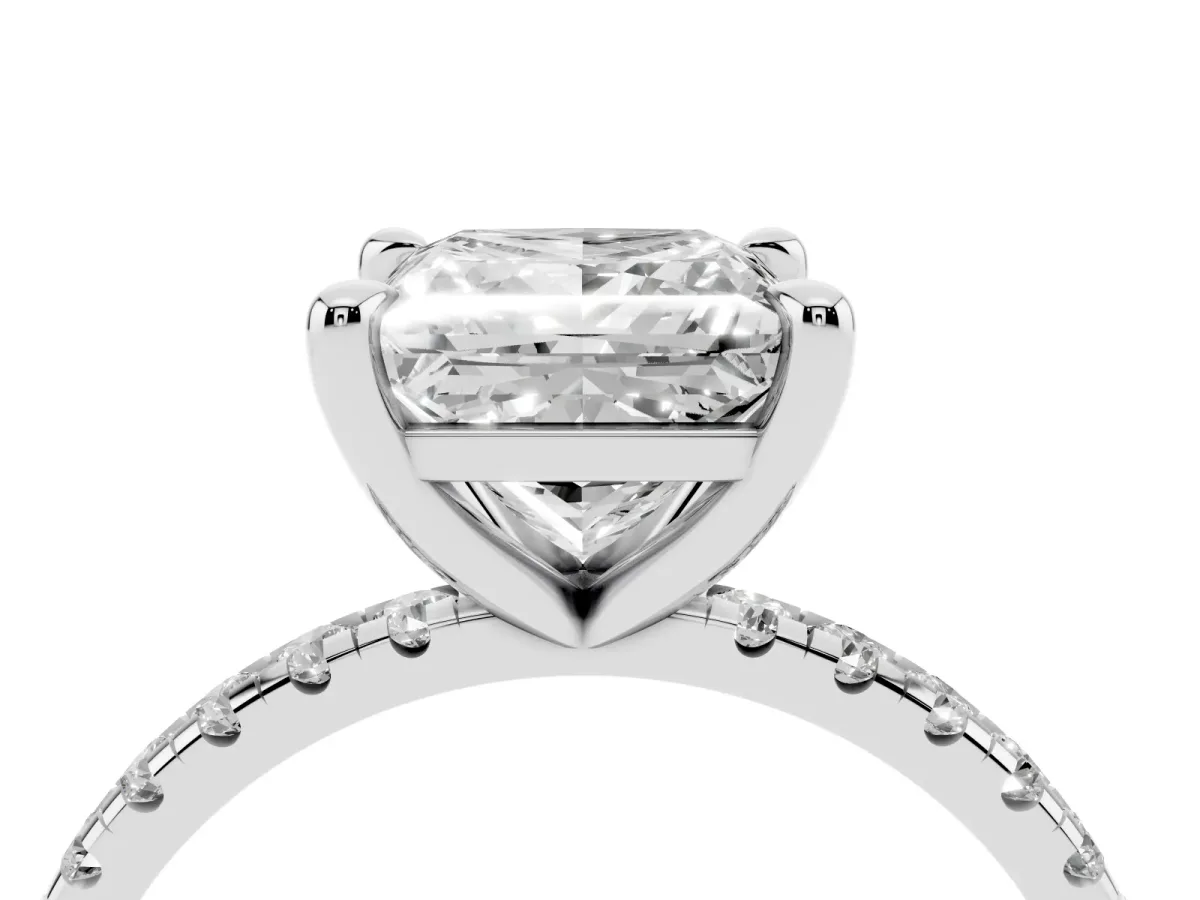 Princess Cut Diamond Brilliant Solitaire Ring with Pavé Band and Four-Prong Setting Silver