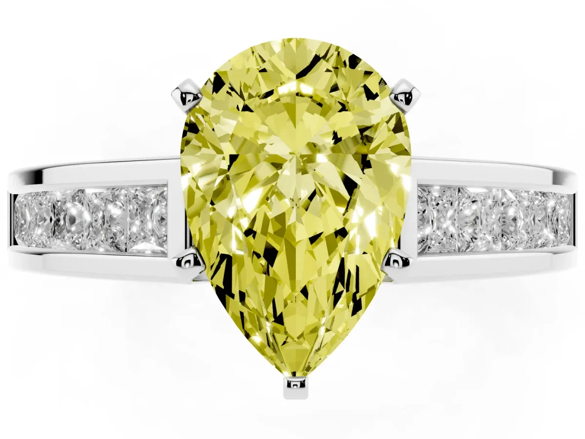 Fancy Yellow Pear Cut Solitaire Diamond Ring with Channel-Set Band and Four-Prong Setting Silver