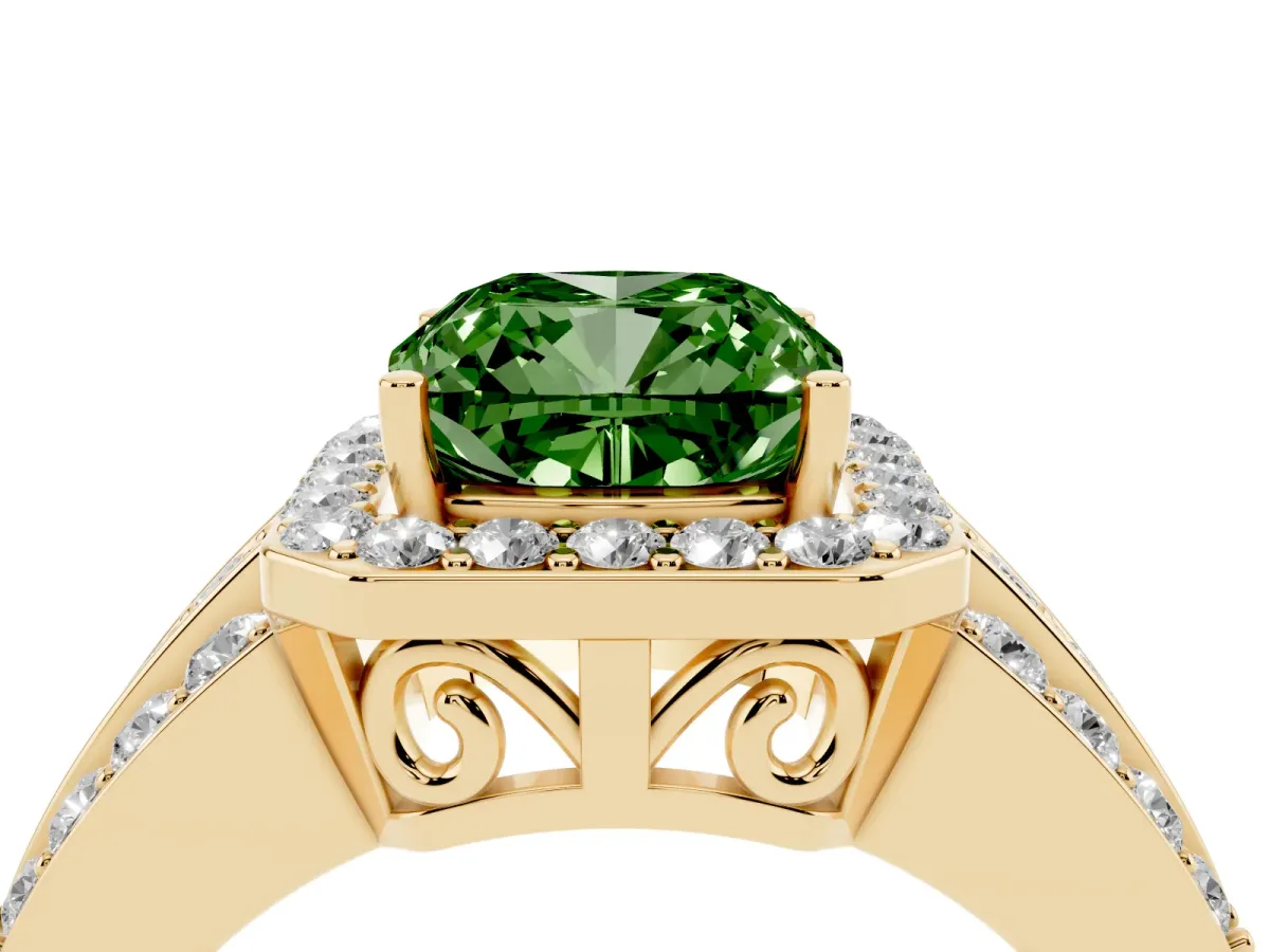 Fancy Green Cushion Cut Halo Diamond Ring with Round Split Shank and Prong Setting Yellow gold