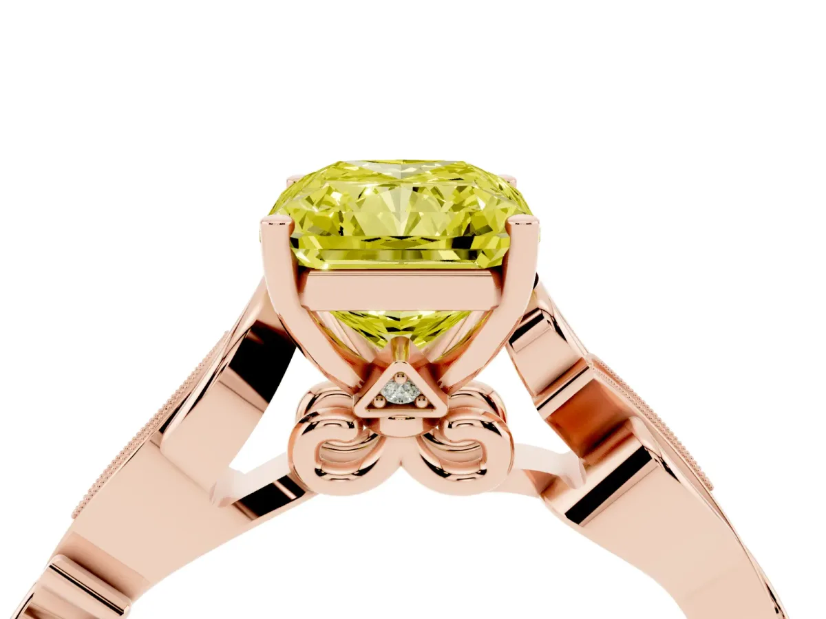 Fancy Yellow Radiant Cut Solitaire Vine Band with Milgrain Prong Setting Rose gold