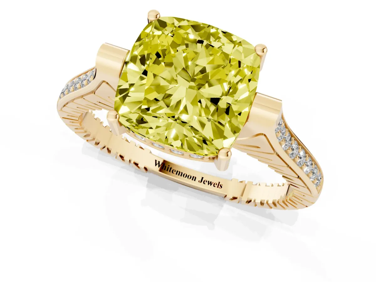 Fancy Yellow Cushion Cut Solitaire Diamond Ring with Channel Set Band and Bezel Prong Setting Yellow gold