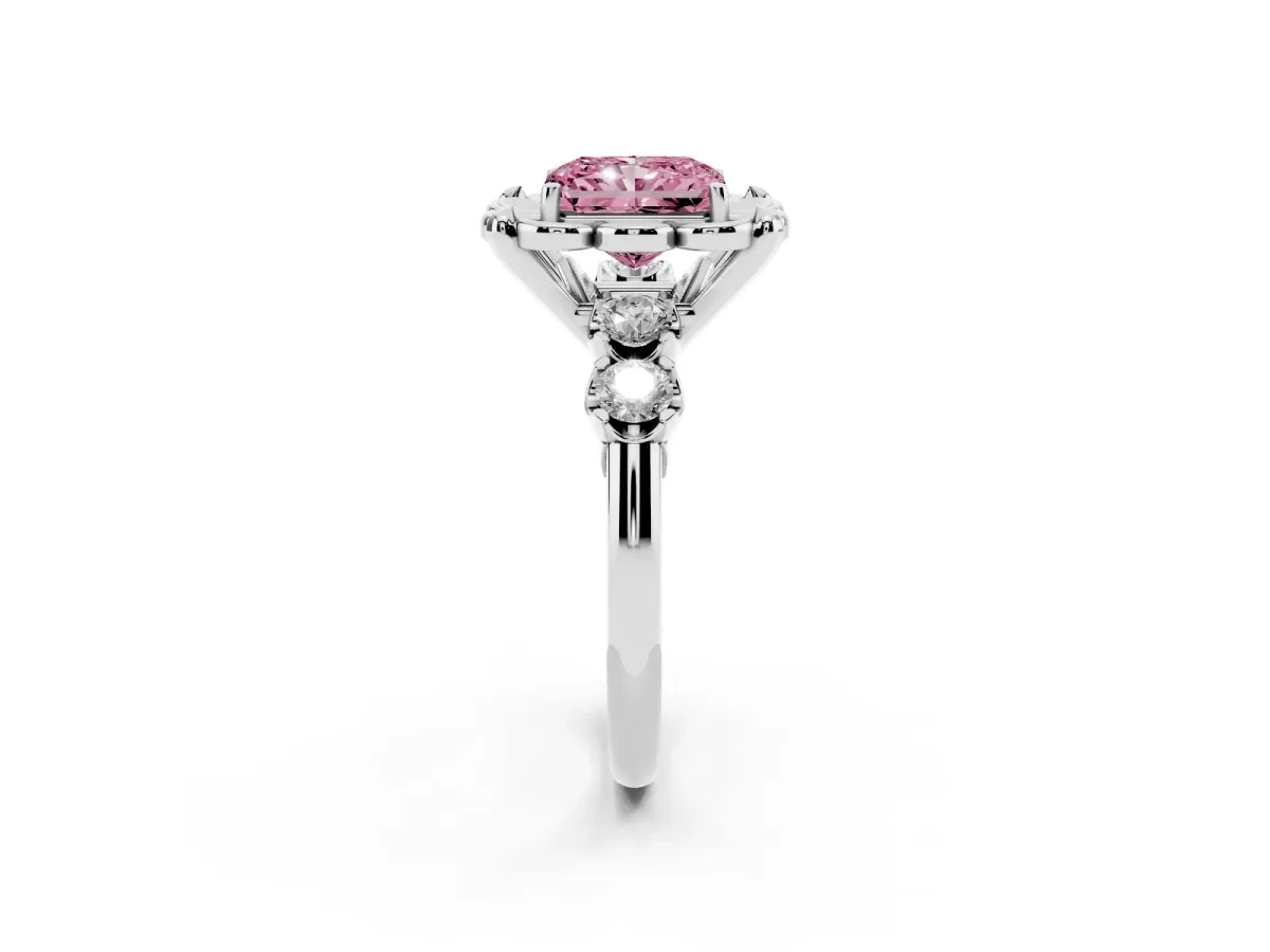 Fancy Pink Radiant Cut Cut Diamond Floral Halo Engagement Ring with Shared Prong Setting Silver