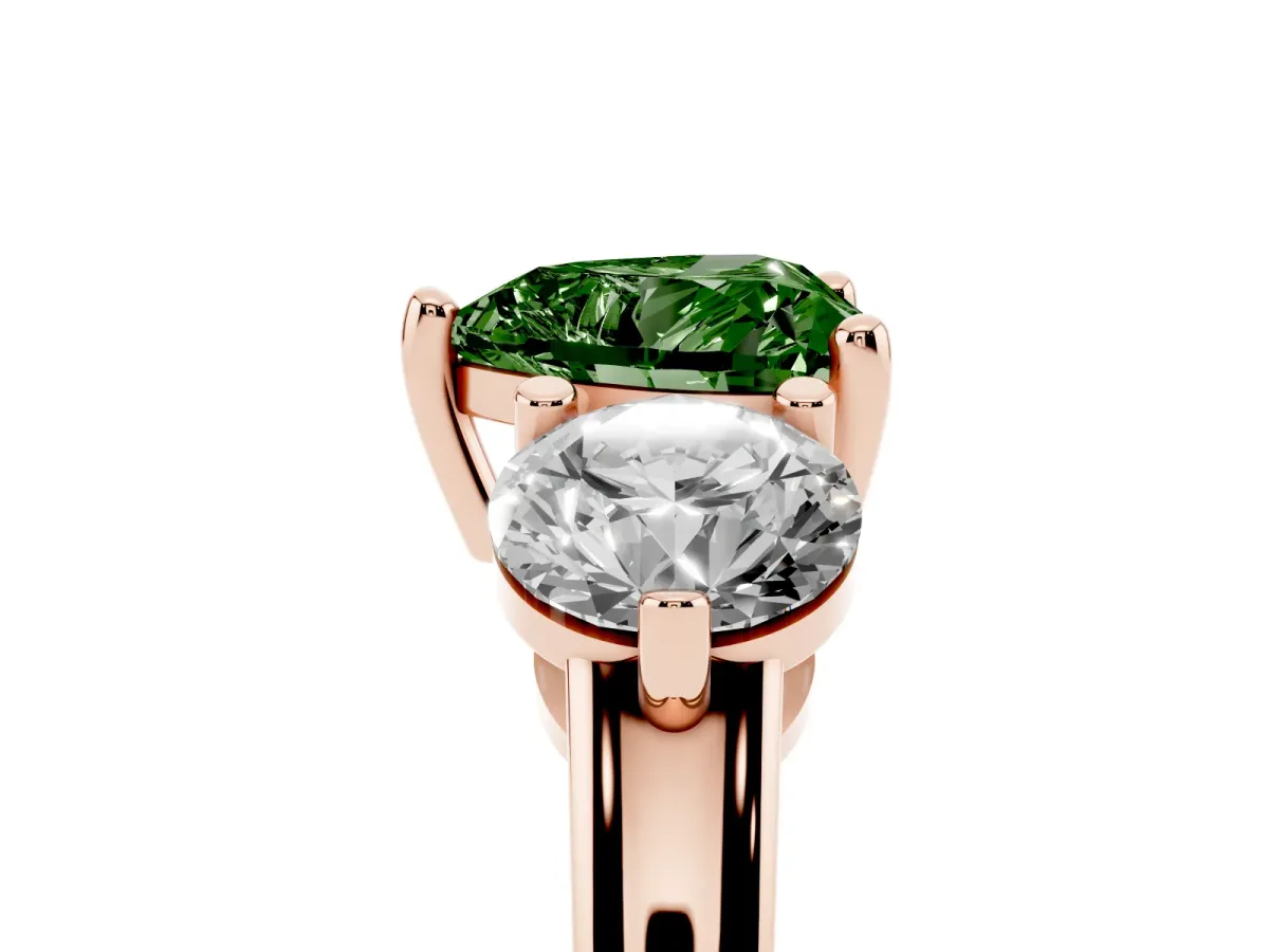 Fancy Green Three-Stone Heart Cut Brilliant Cut Solitaire Ring with Prong Setting on a Classic Band Rose gold