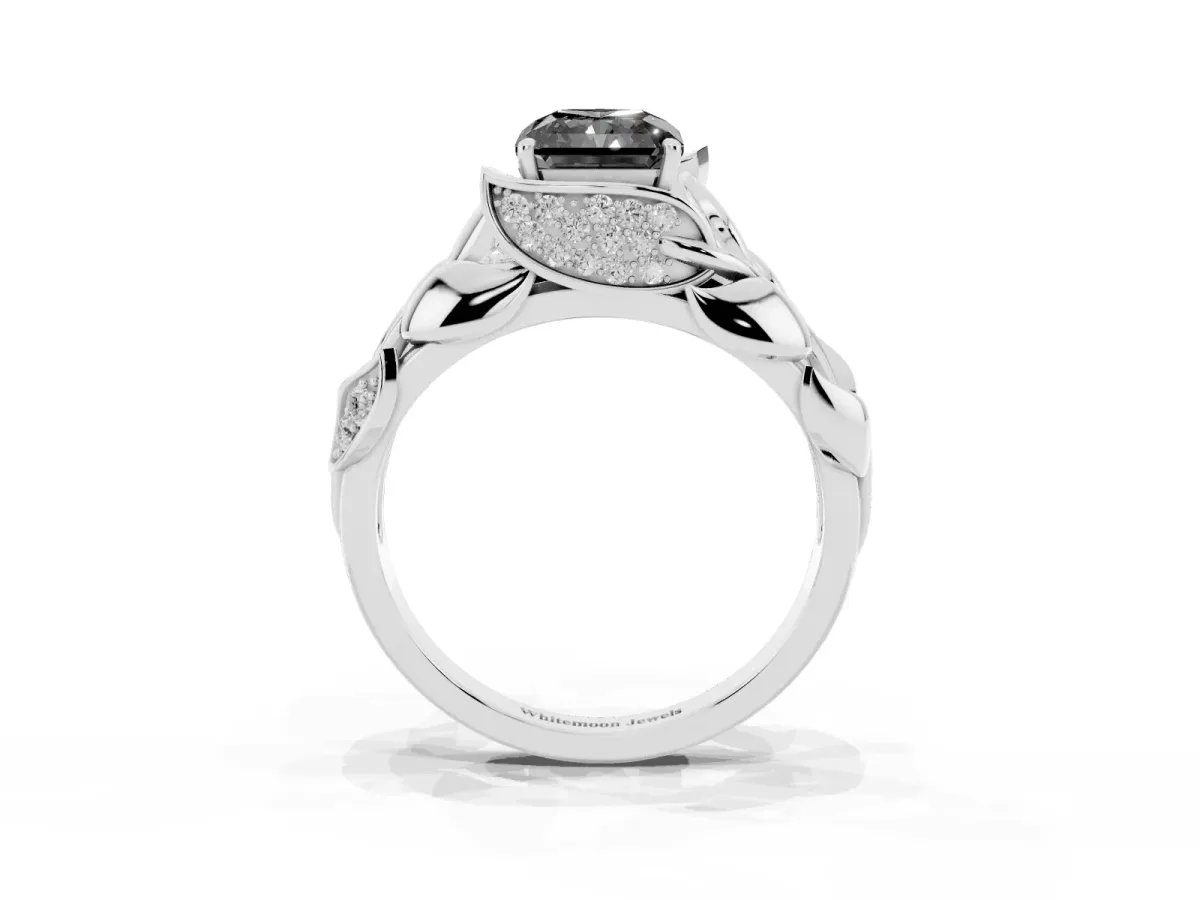 Fancy Black Radiant Cut Diamond Leaf-Inspired Engagement Ring with Round Accents and Prong Setting Silver