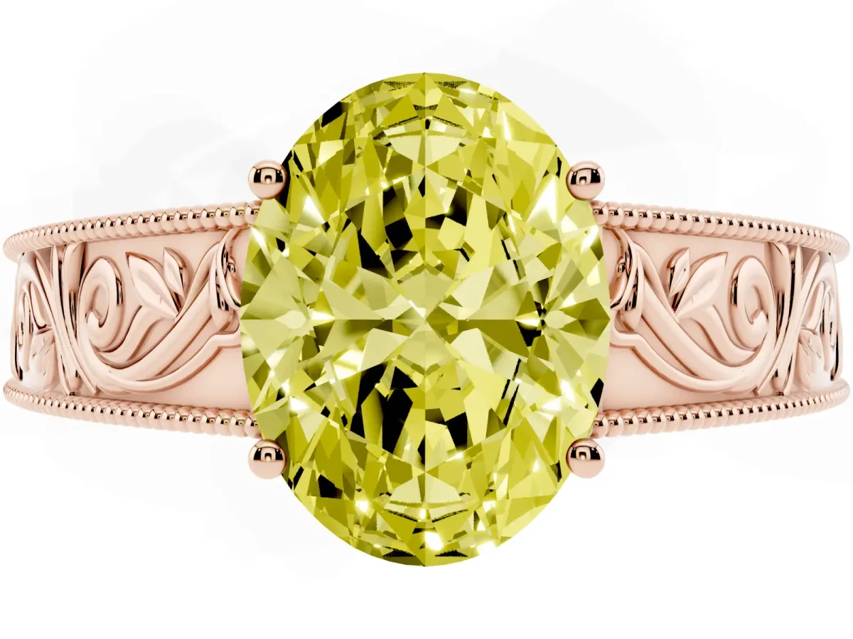 Fancy Yellow Oval Cut Diamond Solitaire Ring with Engraved Band and Four-Prong Setting Rose gold