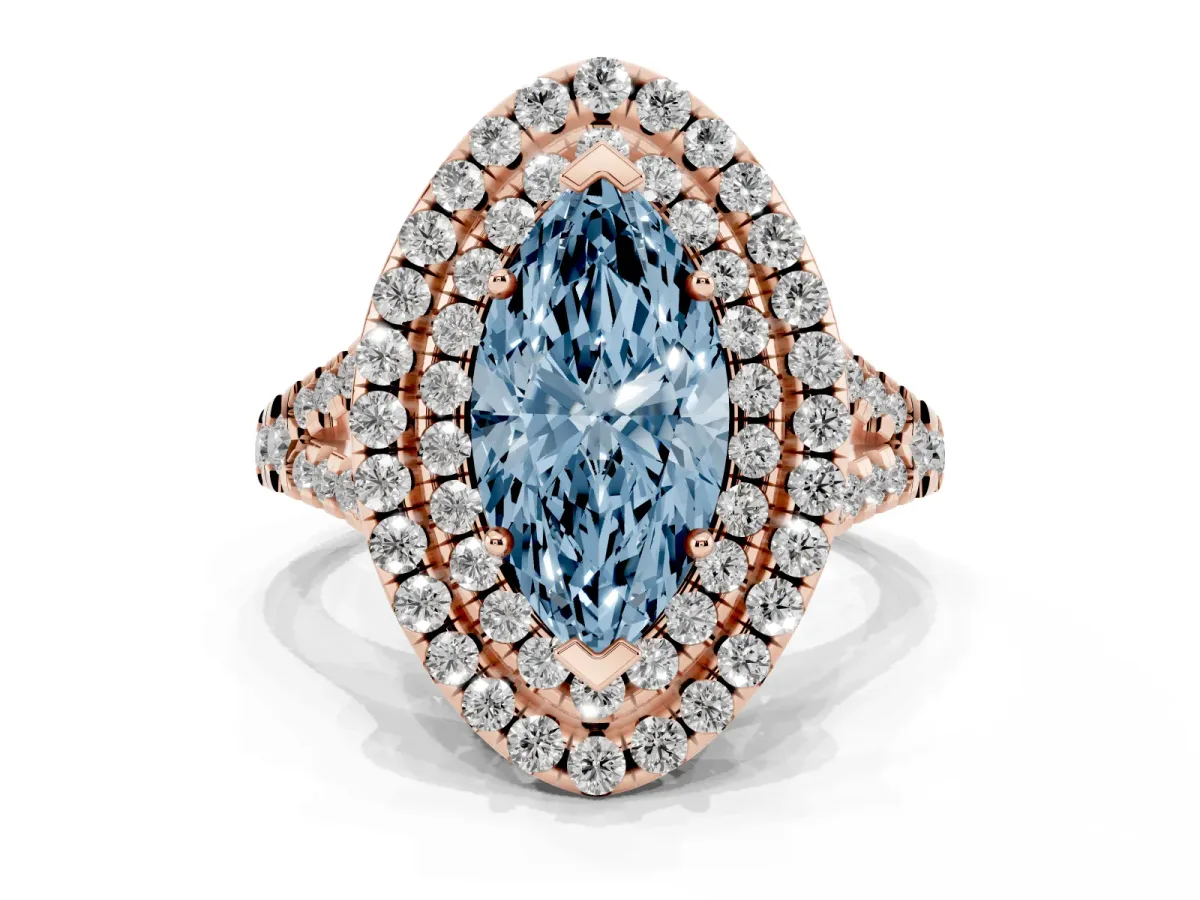 Fancy Blue Double Halo Marquise Cut Diamond Pavé Split Shank Ring with Prong Setting Rose gold
