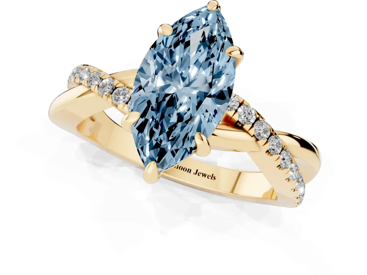 Fancy Blue Marquise Cut Cut Diamond Twist Band Solitaire with Prong Setting Yellow gold