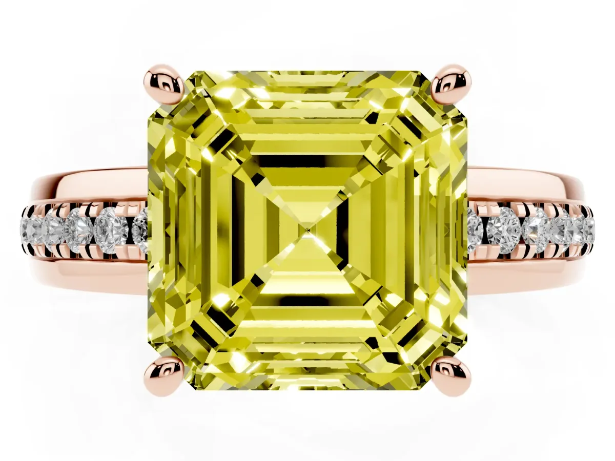 Fancy Yellow Asscher Cut Solitaire Diamond Ring with Channel Set Band and Six-Prong Setting Rose gold