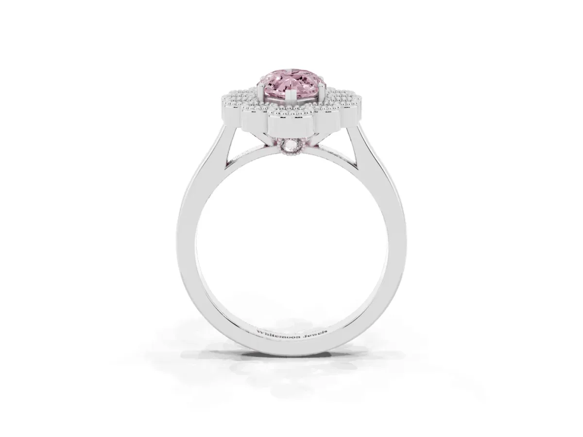 Fancy Pink Marquise Cut Halo Diamond Cluster Engagement Ring with Milgrain Bezel Setting and Solitaire Band White gold