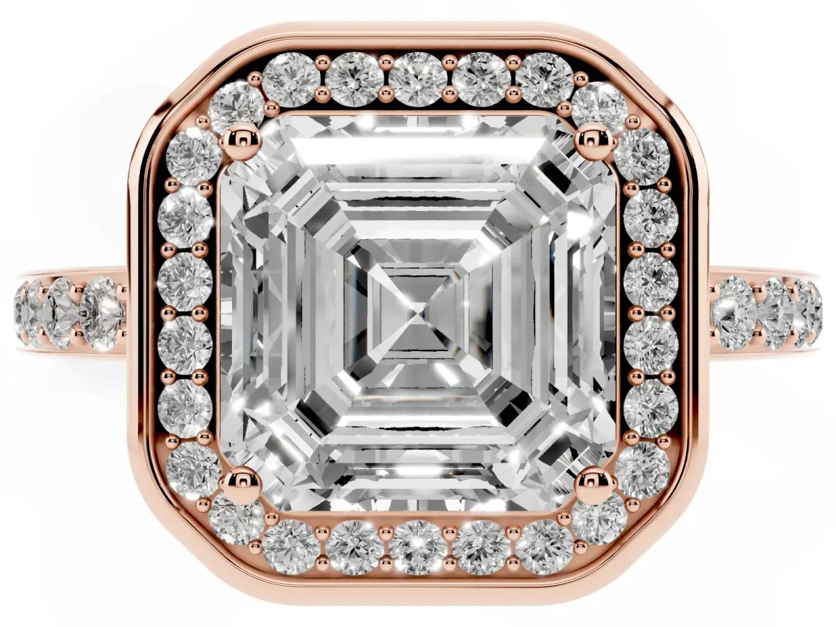 Asscher Cut Diamond Halo Ring with Bezel Frame and Pavé Band Rose gold