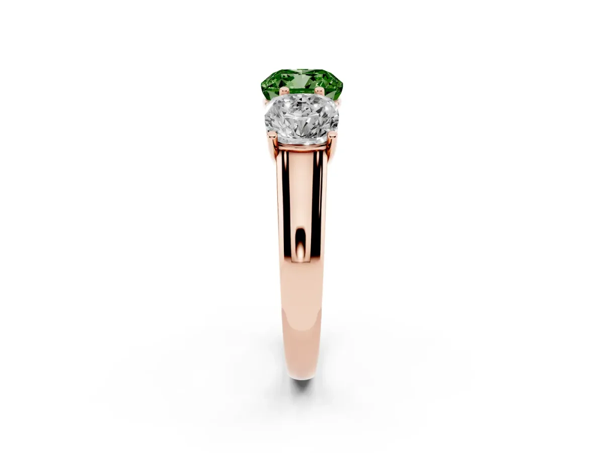 Fancy Green Cushion Cut Three-Stone Diamond Ring with Prong Setting on a Classic Band Rose gold