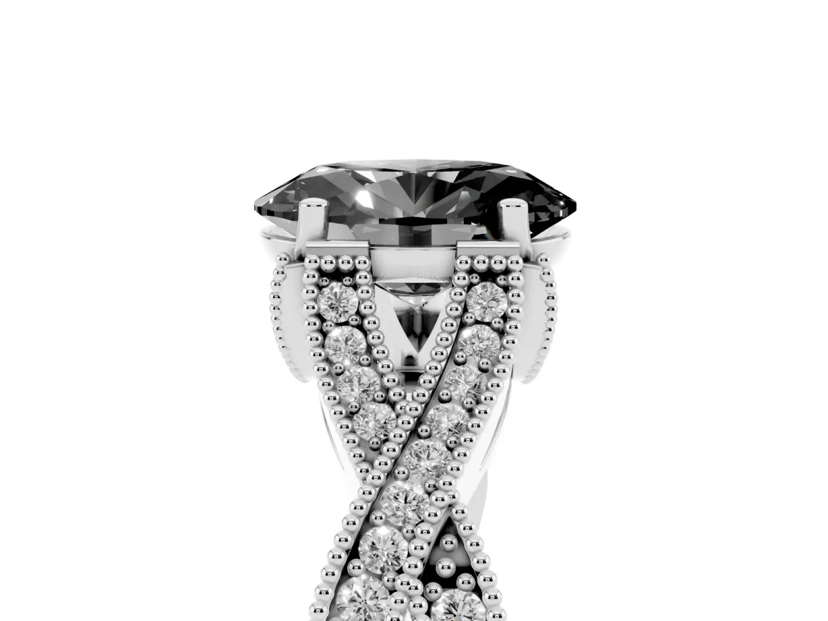 Fancy Black Oval Cut Cut Diamond Twisted Band with Milgrain Pave Setting and Four-Prong Setting Silver