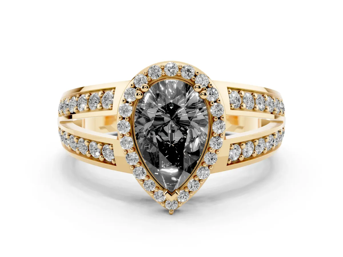 Fancy Black Pear Cut Diamond Halo Ring with Split Shank Pavé Band and Four-Prong Setting Yellow gold