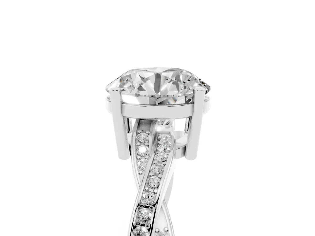 Round Cut Solitaire Twisted Pave Diamond Ring with Four-Prong Setting Platinum