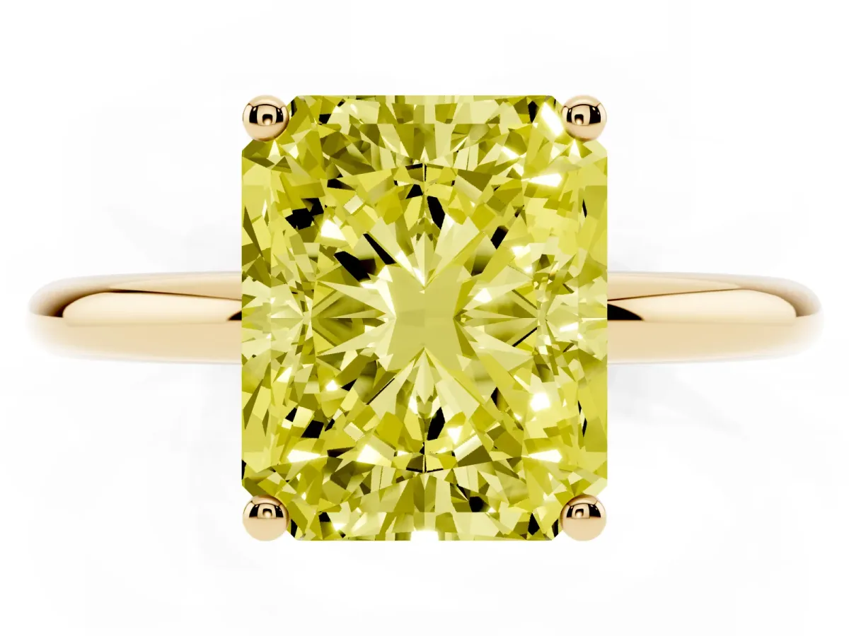 Fancy Yellow Radiant Cut Cut Solitaire Engagement Ring with Four-Prong Setting and Classic Band Yellow gold