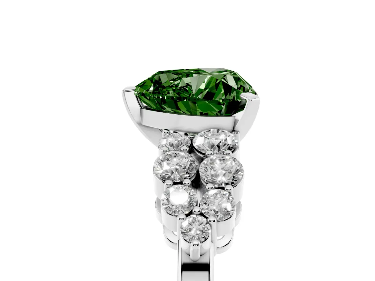 Fancy Green Heart Cut Cluster Diamond Engagement Ring with Pavé Band and Four-Prong Setting Silver