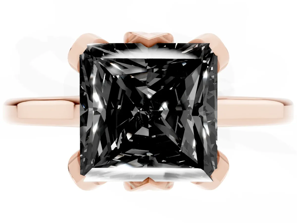 Fancy Black Princess Cut Diamond Solitaire Ring with Flower Prong Setting and Classic Band Rose gold