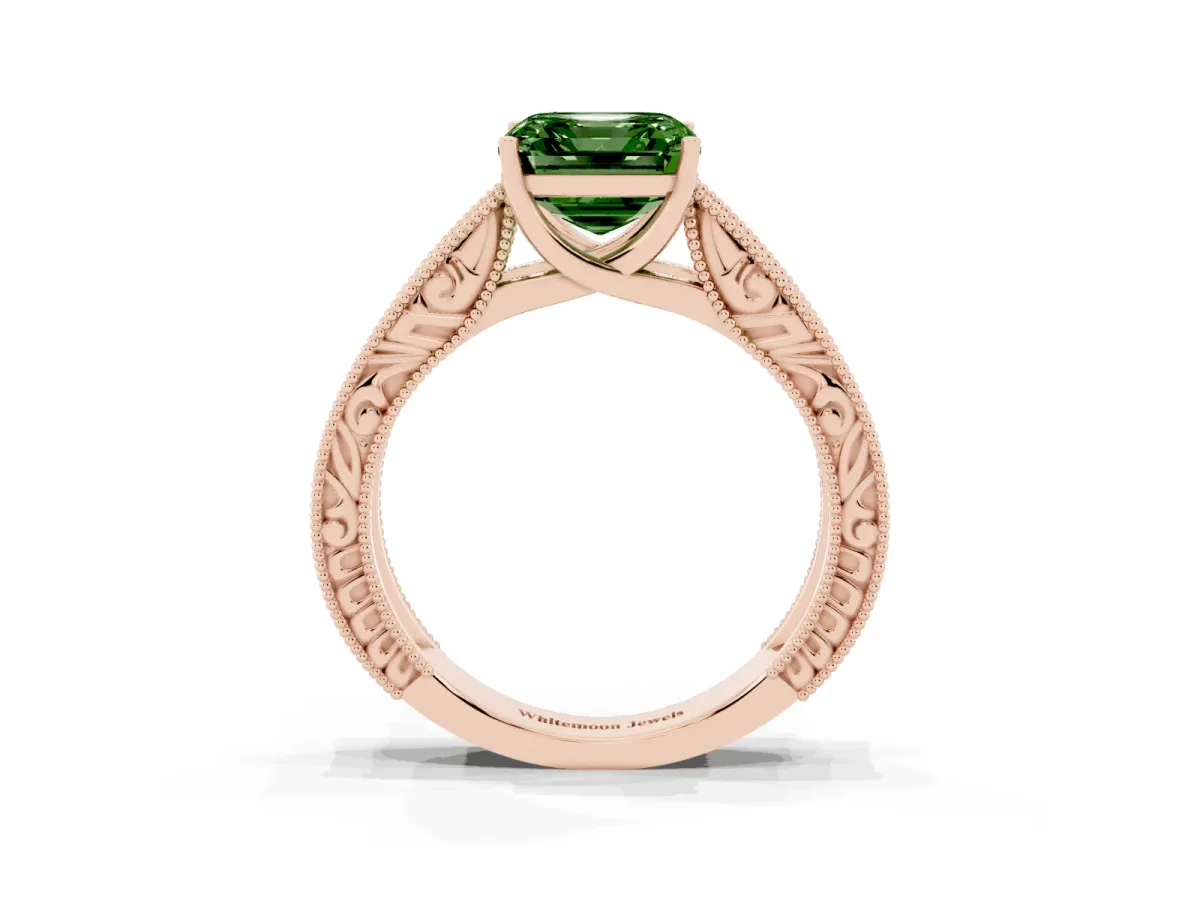 Fancy Green Asscher Cut Diamond Solitaire Ring with Engraved Band and Four-Prong Setting Rose gold