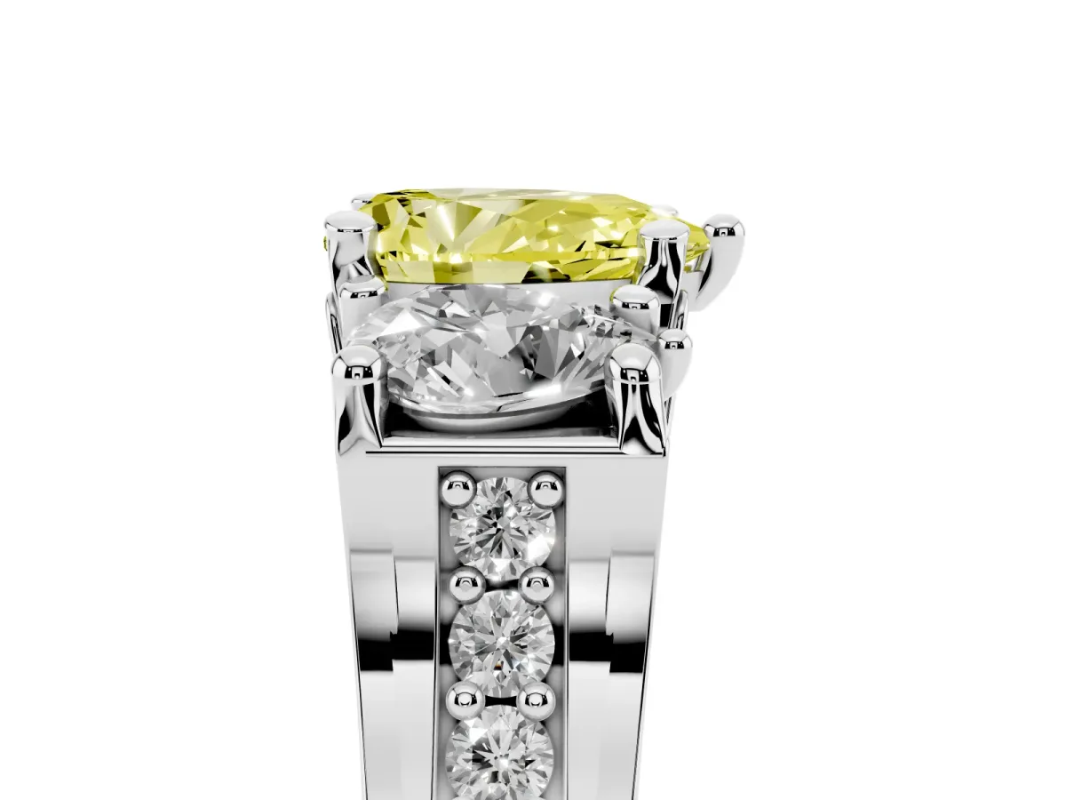 Fancy Yellow Pear Cut Diamond Three-Stone Ring with Channel Set Band and Four-Prong Setting Silver
