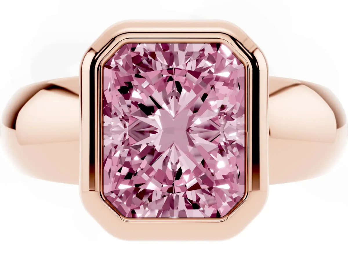 Fancy Pink Bezel Set Radiant Cut Solitaire Ring with Wide Band Rose gold