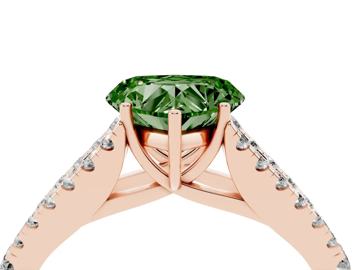 Fancy Green Heart Cut Diamond Split Shank Engagement Ring with Round Pavé and Prong Setting Rose gold