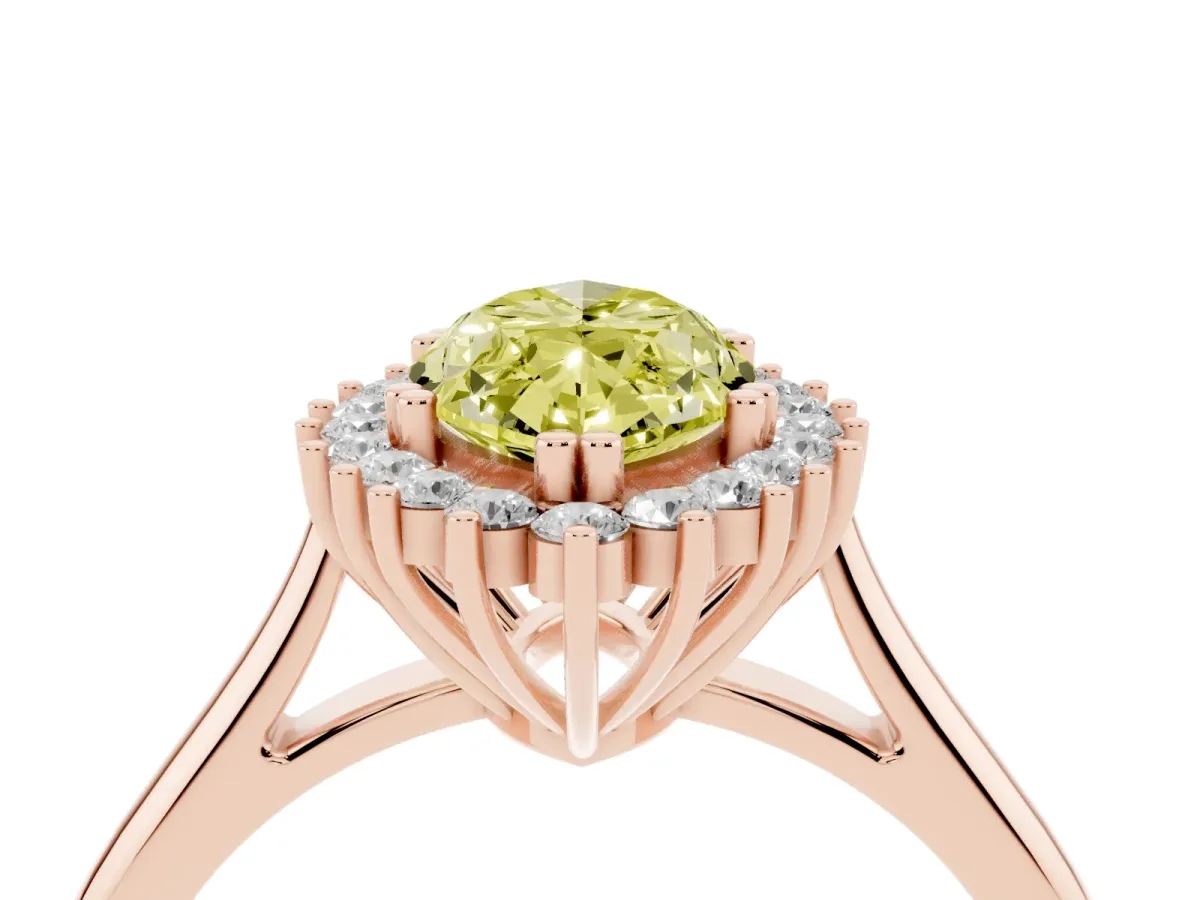 Fancy Yellow Marquise Cut Cut Diamond Halo Ring with Solitaire Band and Prong Setting Rose gold