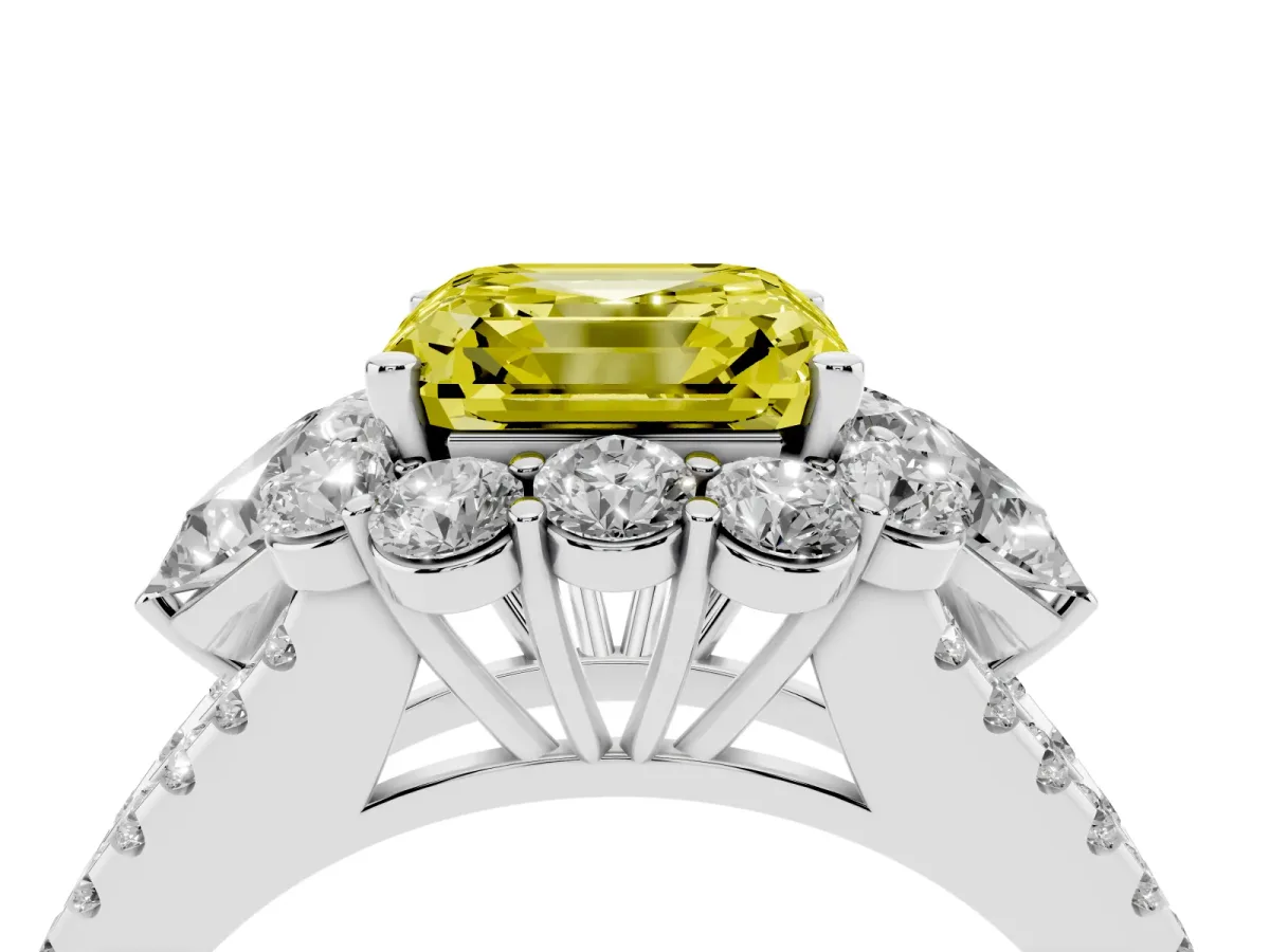 Fancy Yellow Asscher Cut Halo Split Shank Diamond Engagement Ring with Prong Setting Platinum