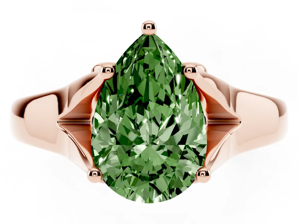 Fancy Green Pear Cut Solitaire Diamond Ring with Cathedral Band and Four-Prong Setting Rose gold