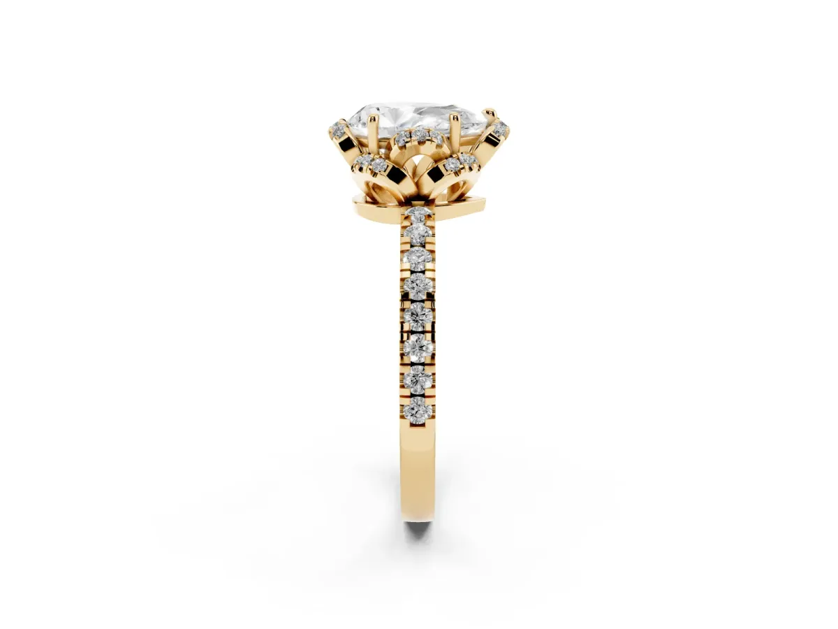 Pear Cut Diamond Halo Pave Band with Four-Prong Setting Yellow gold