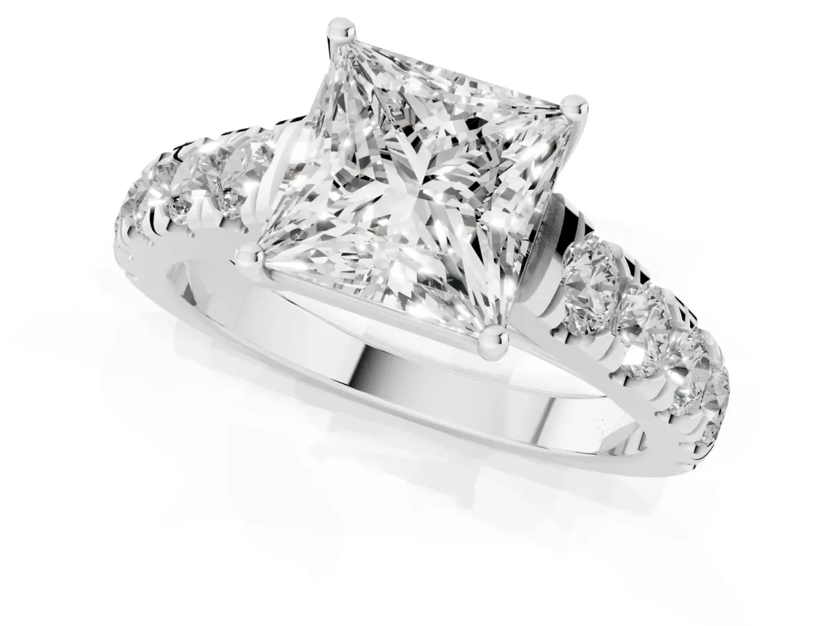 Princess Cut Cut Diamond Solitaire Ring with Micro Pave Band and Prong Setting Silver