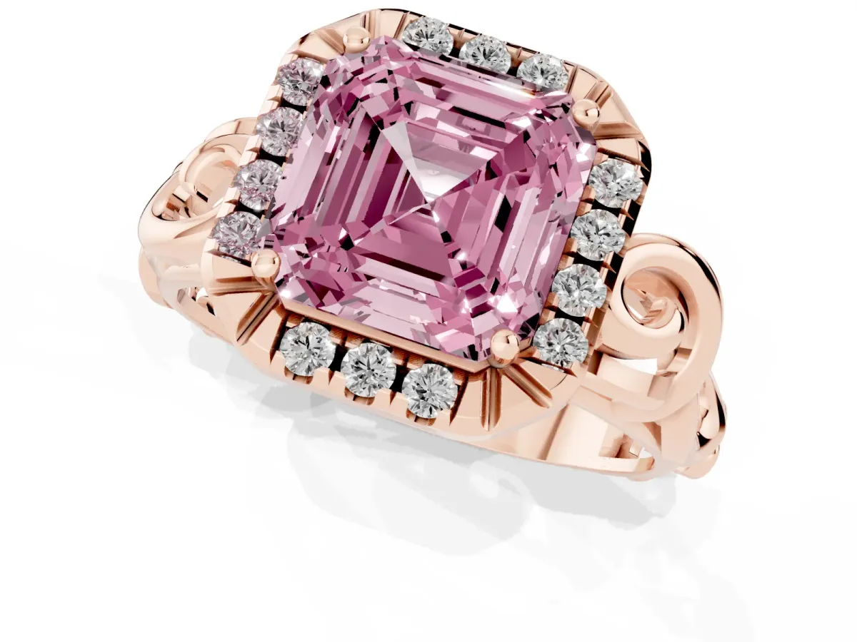 Fancy Pink Asscher Cut Cut Halo Diamond Ring with Scrollwork Band and Four-Prong Setting Rose gold