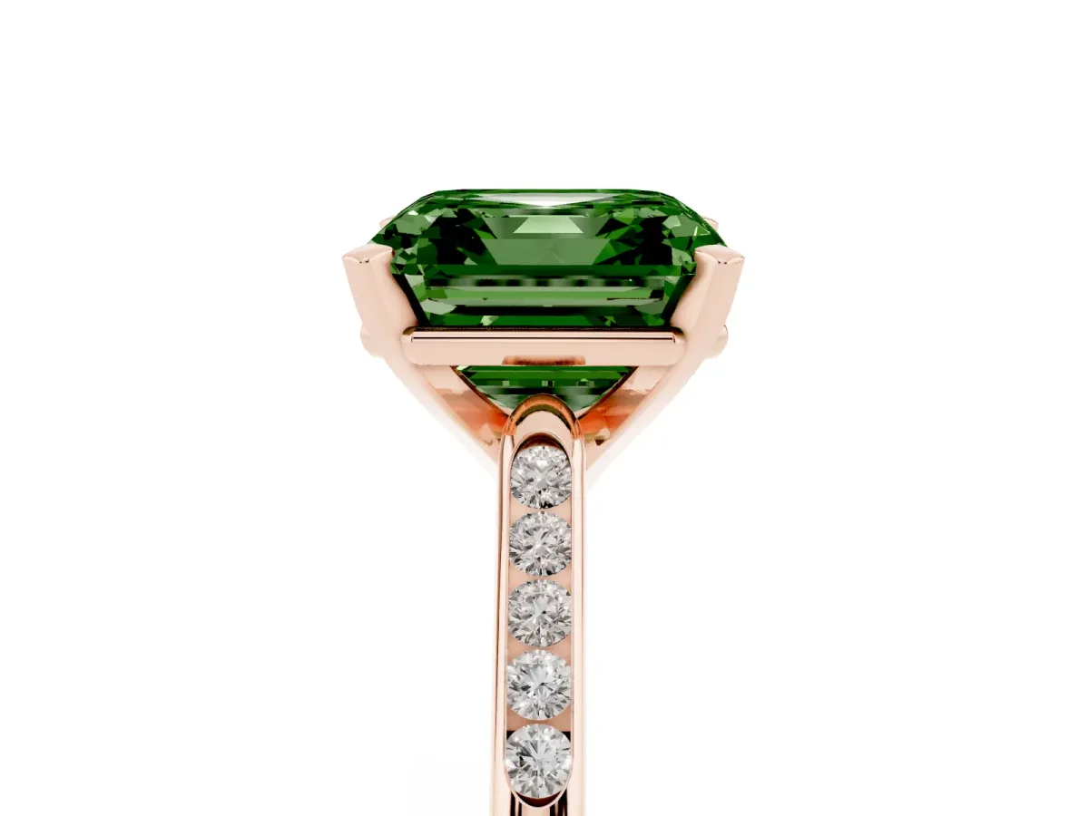 Fancy Green Asscher Cut Diamond Solitaire Ring with Channel Set Round Band and Prong Setting Rose gold